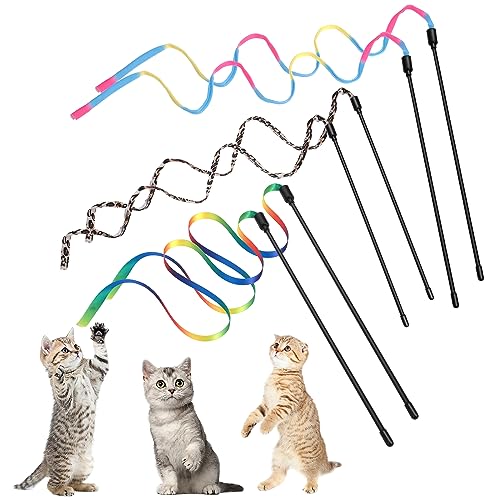 Amaxiu Katzenstab Spielzeug Set, interaktives Katzenstab Spielzeug mit Regenbogenbandschnur Regenbogenstoffschnur Leopardenmuster Stoffschnur für kleine Katzen Kätzchen Indoor Trainingsfänger(6 Stück) von Amaxiu