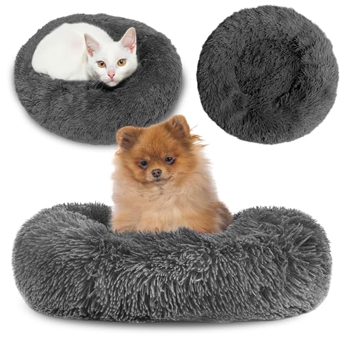 Amazinggirl Hundebett mittelgroße kleine Hunde ∅ 60 cm - Hundekissen rund Hundekorb flauschig Hundekörbchen Dunkelgrau von Amazinggirl