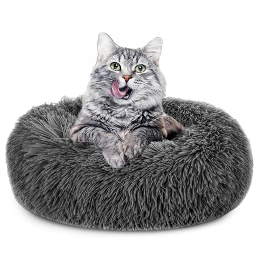 Amazinggirl Katzenbett flauschig ∅ 60 cm - Katzenkorb Katzenkissen Katzen Bett Katzenkörbchen Rund cat Bed Dunkelgrau von Amazinggirl