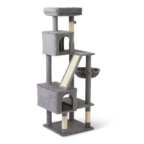Amazon Basics Kletterturm für Katzen und Kätzchen, mehrstufig, mit Kratzbäumen, FSC-Zertifiziert, 153cm (H), Grau von Amazon Basics