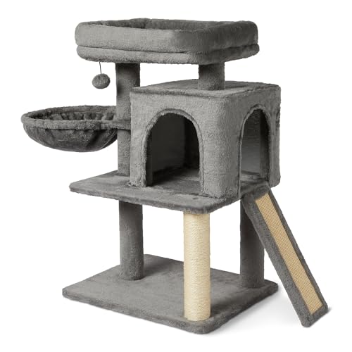 Amazon Basics Mehrebenen-Kletterturm für Katzen und Kätzchen, mit Kratzstämmen, 31.1 Häuschen, FSC-Zertifiziert, M – 79cm (H), Grau von Amazon Basics