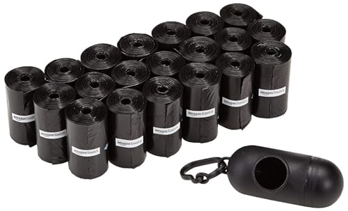 Amazon Basics Hundekotbeutel mit Spender und Leinenclip, Unparfümiert, 300 Beutel (20 Packungen mit je 15 Beuteln), Schwarz von Amazon Basics