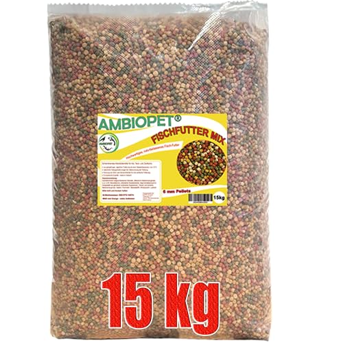 Ambiopet Koifutter, 4 Sorten Mix, schwimmende 6mm Pellets im 15kg Beutel zur ganzjährigen täglichen Fütterung mit Weizenkeimen, Paprika, Spirulina sowie Ölen von Ambiopet