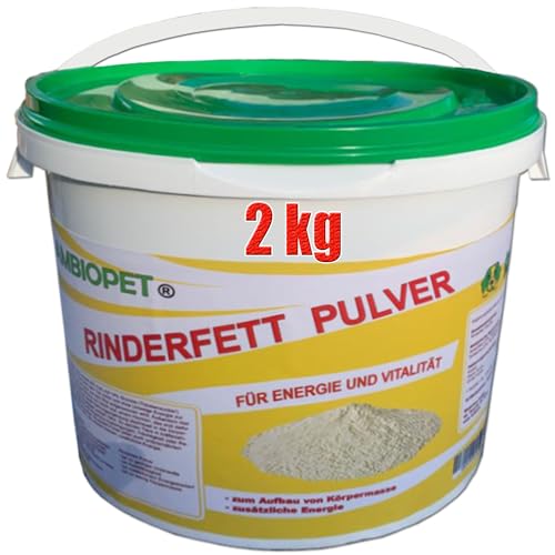 Ambiopet Rinderfettpulver im 1x 2kg Eimer, Ergänzungsfuttermittel für Hunde & Katzen, wie grau Rinderfett Pulver, Barf geeignet, für Energie und Vitalität von Ambiopet