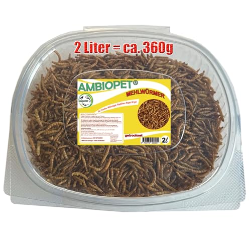 Ambiopet getrocknete Mehlwürmer im 2 Liter Verschluss-Behälter, Protein- und fettreich, verfeinert und gesiebt, für Fische, Nager, Vögel, Reptilien, auch Koifutter oder Igelfutter von Ambiopet