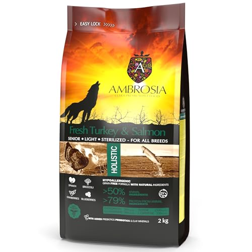 Ambrosia Ultra Premium Pet Food - Frische Pute & Lachs - Gewichtskontrolle – Ganzheitlich hypoallergen, getreidefrei – Ältere & sterilisierte Hunde Hundefutter (2kg) von Ambrosia Ultra Premium Pet Food