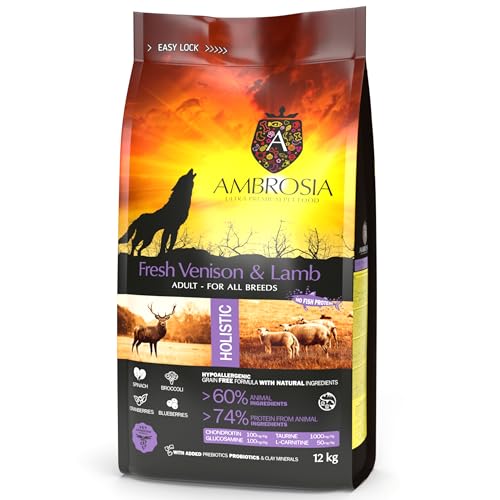Ambrosia Ultra Premium Pet Food – Frisches Hirsch & Lammfleisch – Ganzheitlich proteinreich, getreidefrei – Ohne GVO und Soja– Ausgewachsene Tiere Aller Rassen (12kg) von Ambrosia Ultra Premium Pet Food
