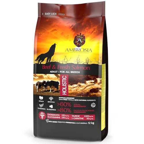 Ambrosia Ultra Premium Pet Food - Rindfleisch & frischer Lachs - Hollistic Hypoallergenic Grain Free - Erwachsene Alle Rassen (12kg) von Ambrosia Ultra Premium Pet Food