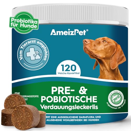 AmeizPet Hunde Weiche Leckerlis Probiotika Und Präbiotika für Hunde Darmsanierung, Probiotische Verdauungssnacks, 120 Hunde Leckerlis von AmeizPet