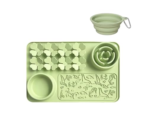 Silikon Leckmatte & Slow Feeder Bowl für Hunde und Katzen - Saugnapf Schnüffelmatte für Hunde und Katzen - Langsames Fressen, Geruchstraining, Faltbarer tragbarer Futternapf (Grün) von Ameli N