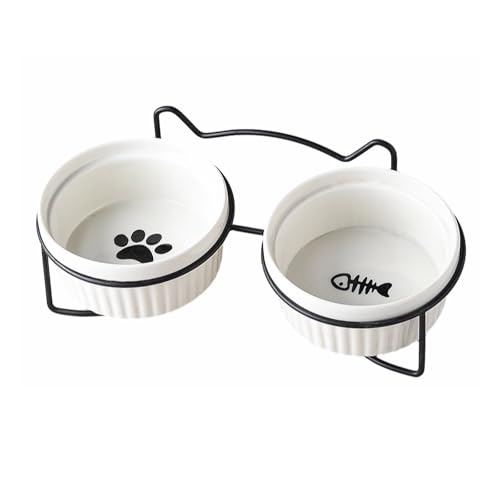 AmiCera Erhöhter Katzennapf, 2 Stück, Katzennäpfe mit Ständer, um 15 ° geneigt, erhöhter Katzennapf, gut für Halswirbelsäule, 300 ml, Katzenfutternapf, Keramik-Katzennäpfe 12 cm, Weiß von AmiCera