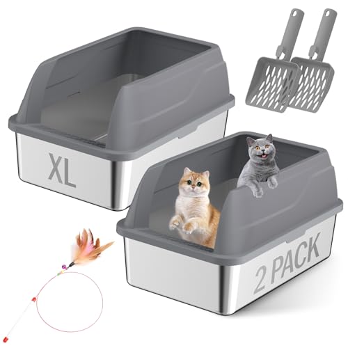 Amibud 2 Stück Edelstahl-Katzentoilette, extra große Stahl-Katzentoiletten für große Katzen, XL Metall-Katzentoilette mit Deckel, Anti-Urin-Auslauf, nicht klebrig, inklusive Matte und Schaufel von Amibud