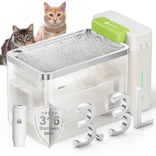 Amicura A3 Lite Trinkbrunnen für Katze mit Ultraﬁltrationstechnologie - 3,3L Großer Tank, SUS316 Edelstahl-Trinkschale, Leise (≤25dB), 100% Wasserdicht Und Stromsicher für Sauberes Trinkwasser (Weiß) von Amicura