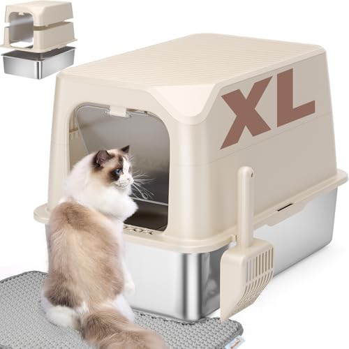 Amniau Katzentoilette aus Edelstahl mit Deckel, extra groß, ideal für große & kleine Katze, leicht zu reinigen, Anti-Auslaufen, nicht klebrig, multifunktional, 5.1 cm-1, Beige Amniau Katzentoilette aus Edelstahl mit Deckel, extra groß, ideal für große & kleine Katze, leicht zu reinigen, Anti-Auslaufen, nicht klebrig, multifunktional, 5.1 cm-1, Beige von Amniau