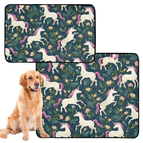 2 x Hunde-Uriniermatten für Indoor-Katzen, rutschfeste Matte für Haustierbett, 61 x 91,4 cm + 91,4 x 106,7 cm, Cartoon-Fantasie, weiße Einhörner von Amooorous