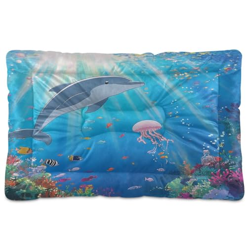 Hundebett, Motiv: Cartoon, niedlich, bunt, Motiv: blauer Delfin, waschbar, weich, bequem, rutschfeste Unterseite, für mittelgroße und große Hunde, 91,4 x 61 cm Hundebett, Motiv: Cartoon, niedlich, bunt, Motiv: blauer Delfin, waschbar, weich, bequem, rutschfeste Unterseite, für mittelgroße und große Hunde, 91,4 x 61 cm von Amooorous