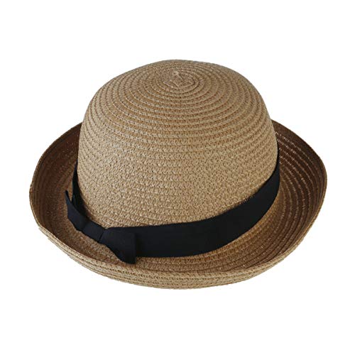Amosfun Faltbarer Sommer Strohhut Bowknot Roll-Up Sonne Strandkappe Cloche Eimer Breite Krempe Hut für Weibliche Mädchen Dame (Leichter Kaffee) von Amosfun