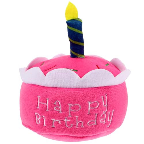 Amosfun Hunde-Geburtstagskuchen-Spielzeug Plüsch-Geburtstagskuchen-Modell Haustier Happy Birthday-Kuchen Kauspielzeug Welpe Quietschendes Spielzeug Für Alle Hunderassen Geschenke Rosa von Amosfun