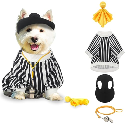 Amylove 4-teiliges Schiedsrichterkostüm für Hunde, Halloween-Kostüm, schwarz-weiß gestreift, ärmellos, verstellbarer Hundehut mit Ohrlöchern, gelbe Strafflagge, Edelstahl-Sportpfeifen mit Umhängeband, Amylove 4-teiliges Schiedsrichterkostüm für Hunde, Halloween-Kostüm, schwarz-weiß gestreift, ärmellos, verstellbarer Hundehut mit Ohrlöchern, gelbe Strafflagge, Edelstahl-Sportpfeifen mit Umhängeband, von Amylove