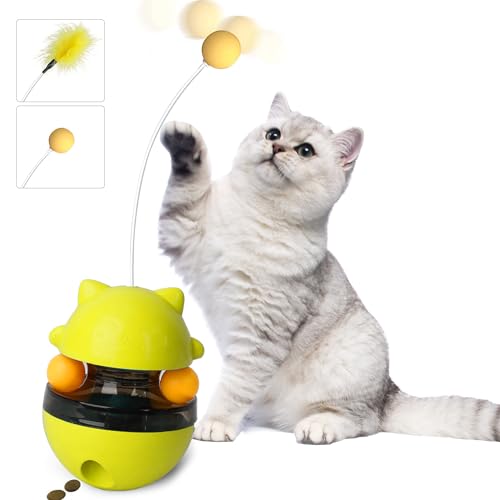 Amyzavls Interaktives Katzen Spielzeug Selbstbeschäftigung, Katze Bälle 3 in 1 Automatisch Intelligenzspielzeug Katzenspielzeug mit Spielzeug Futterautomat Gelb von Amyzavls