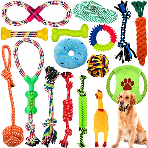 Amzeeniu Hundespielzeug,16 Pcs Seil Ball Hunde robuste Zähne Kauen langlebig Spielzeug Zahntraining Set Für Kleine mittelgroßen Hund Interaktives Spielset Unzerstoerbar BaumwollknotenTau Tier von Amzeeniu