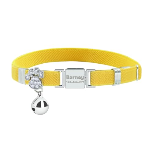 Personalisiertes Elastisches Katzenhalsband mit Namen und Telefonnummer, Graviert Katzen-Halsband mit glöckchen -Gelb von AnNengJing