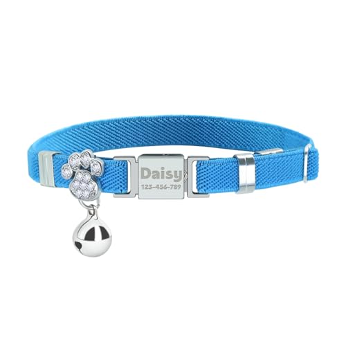 Personalisiertes Elastisches Katzenhalsband mit Namen und Telefonnummer, Graviert Katzen-Halsband mit glöckchen -Himmelblau von AnNengJing