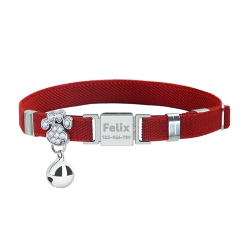 Personalisiertes Elastisches Katzenhalsband mit Namen und Telefonnummer, Graviert Katzen-Halsband mit glöckchen -Rot von AnNengJing