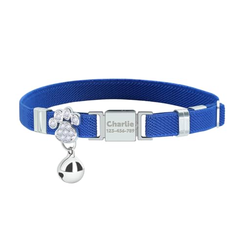 Personalisiertes Elastisches Katzenhalsband mit Namen und Telefonnummer, Graviert Katzen-Halsband mit glöckchen -Royal Blue von AnNengJing