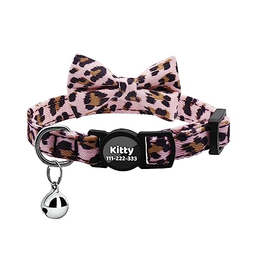 Personalisiertes Katzenhalsband mit Namen und Telefonnummer, Katzenhalsband mit Sicherheitsverschluss,glöckchen und Fliege (Leopard Pattern-Pink) von AnNengJing