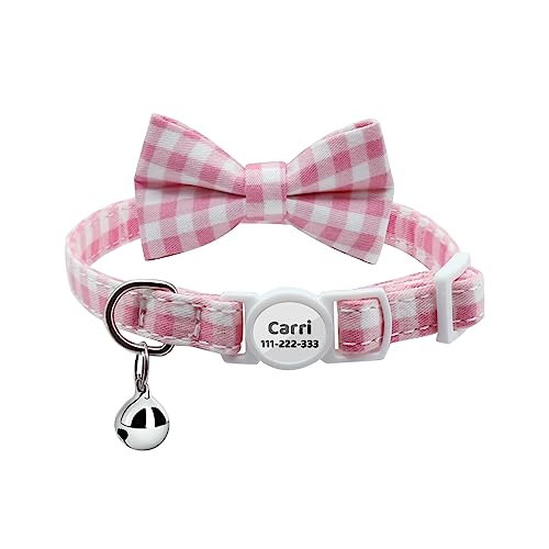 Personalisiertes Katzenhalsband mit Namen und Telefonnummer, Katzenhalsband mit Sicherheitsverschluss,glöckchen und Fliege-Checkered Pattern-Pink von AnNengJing