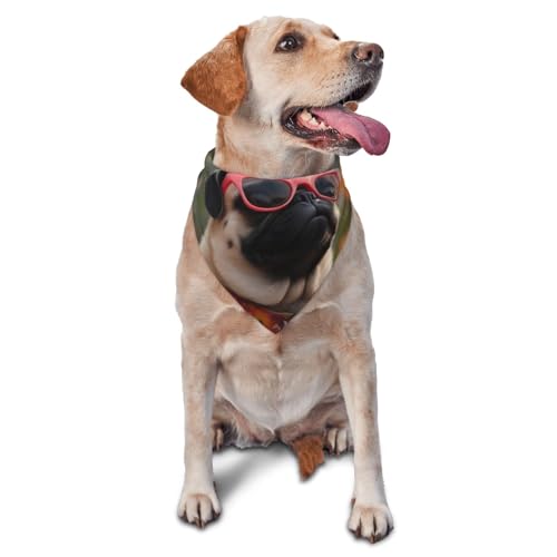 Hundehalstuch, Dreieckstuch, Haustierlätzchen für den täglichen Gebrauch und als Geburtstagsgeschenk für Katzen und Hunde – Mops mit Sonnenbrille und Blumen von Anceky
