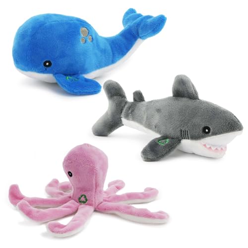 Ancol Mini-Plüsch-Hundespielzeug mit Quietschelement, aus recyceltem Kunststoff, Walhai, Oktopus, 3 Stück Ancol Mini-Plüsch-Hundespielzeug mit Quietschelement, aus recyceltem Kunststoff, Walhai, Oktopus, 3 Stück von Ancol