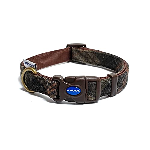 Ancol Verstellbares Hundehalsband für Hunde und Welpen, ländliches Karomuster, brauner Nylonboden mit ländlich inspiriertem Stoff, Druckknopfverschluss, Größe M, 30–50 cm von Ancol