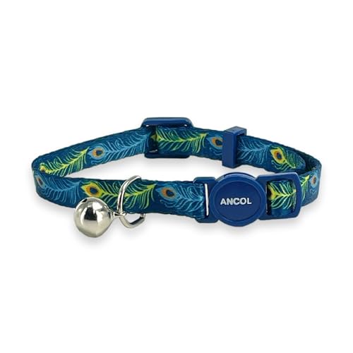 Ancol Verstellbares Katzenhalsband mit Sicherheitsglocke und auseinanderbrechbarer Schnalle, Elegantes Pfauenfedermuster von Ancol
