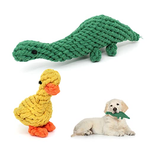 Andiker 2 x Hundespielzeug, niedlicher Dinosaurier und gelbe Entenform, Hundespielzeug für aggressive Kauer, Baumwoll-Kauspielzeug für kleine, mittelgroße und große Rassen (Dinosaurier + Ente) von Andiker