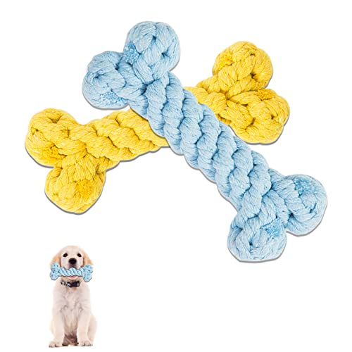 Andiker 2 x unzerstörbares Hundespielzeug, knochenförmiges Hundespielzeug, bissfest, sicheres Knochen-Baumwollseil, Kauspielzeug für aggressives Kauen, drinnen und draußen, Blau + gelb von Andiker
