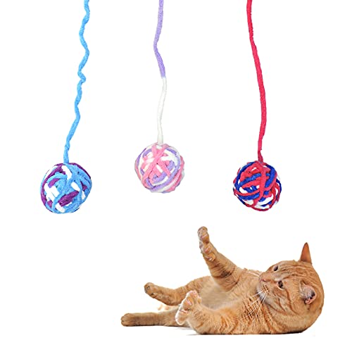 Andiker 3 Stück Katzenspielzeug Wollball mit Glocke und Schnur, Kätzchen Spielzeug Bunte Garnbälle für Indoor Katzen Interaktives Spielen von Andiker