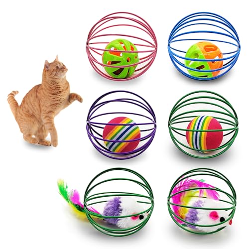 Andiker 6Pcs Katze Frühling Spielzeug, 2.1'' Bunte Katze Frühling Bälle mit Mäusen&Bell Ball&Regenbogen Ball Metall Käfig Bälle Frühling Katze Spielzeug für Katze Kicking Übung (Zufallsfarbe 1) von Andiker