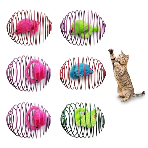 Andiker 6Pcs Katze Frühling Spielzeug, 3.9'' Bunte Katze Frühling Kugeln mit Mäusen Interaktive Katze Spielzeug Dehnbare Metall Käfig Kugeln Frühling Katze Spielzeug zum Spielen (zufällige Farbe 2) von Andiker