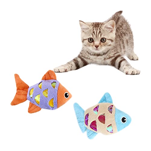 Andiker Fisch Spielzeug für Katzen, 2 Stück interaktive Plüschtiere für Katzen, die Papier Fisch Katzenminze Kauspielzeug niedliche Katze lustige Spielzeuge (Goldfisch) von Andiker