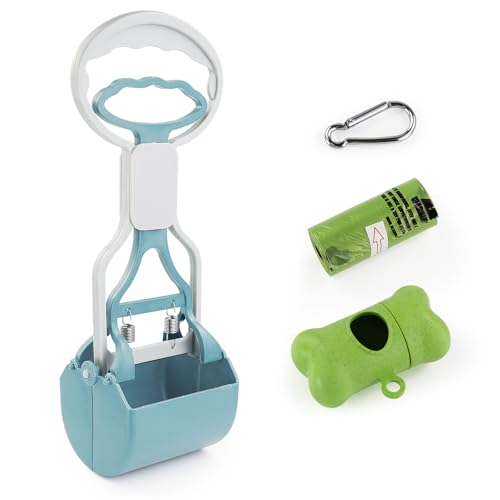Andiker Hund Pooper Scooper mit kurzem Griff, 10.26 hoch Dual-Feder Haustier Pooper Scooper mit 1 Rolle von Hund Poop Bag und EIN Spender einfach zu bedienen Hund Poop Scooper (Blau) von Andiker