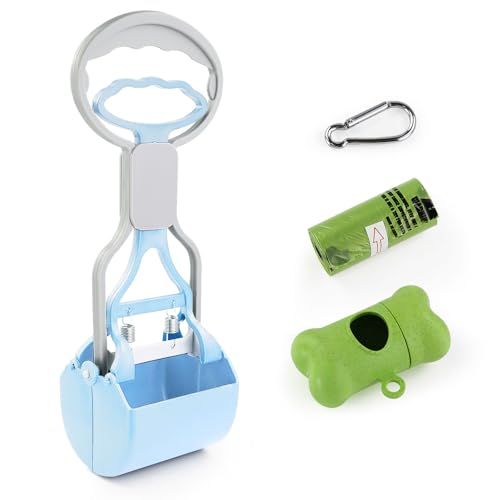 Andiker Hundekotschaufel mit kurzem Griff, 26,1 cm hoch, Doppelfeder-Haustierkotschaufel mit 1 Rolle Hundekotbeutel und Spender, einfach zu bedienende Hundekotschaufel für den Hof (blau) von Andiker