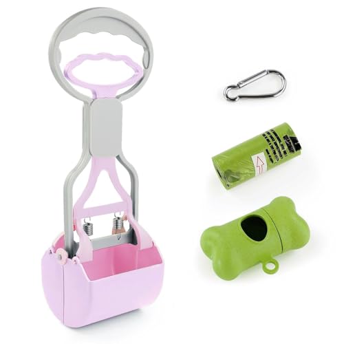 Andiker Hundekotschaufel mit kurzem Griff, 26,1 cm hoch, Doppelfeder-Haustierkotschaufel mit 1 Rolle Hundekotbeutel und Spender, einfach zu bedienende Hundekotschaufel für den Hof (lila) von Andiker