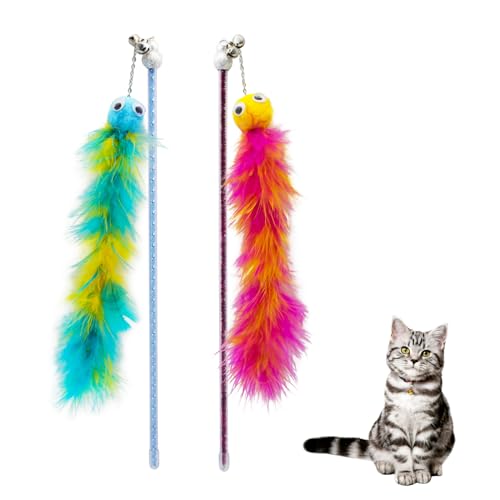 Andiker Katze Feder Spielzeug, 2PCS Katze Wand Spielzeug mit Bell&Plüsch Bälle, 12in interaktives Kätzchen Teaser Spielzeug, Interaktive Katze Spielzeug für Katze Indoor Spieltraining (Rot+Grün) von Andiker