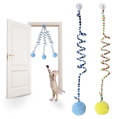 Andiker Katze Frühling Spielzeug, Selbst-Spiel Dehnbare Tür hängende Katze Spielzeug mit Glocke, weicher Plüsch Ball mit Frühling Kätzchen Spielzeug für die Übung (Gelb+Blau) von Andiker
