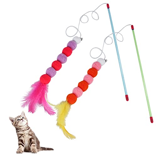 Andiker Katzenfeder-Spielzeug, 2 Stück Katzen-Zauberstab mit Glocke und Plüschbällen, buntes interaktives Kätzchen-Teaser-Spielzeug für Katzen, Indoor-Spielen, Trainingstraining (rot + gelb) von Andiker