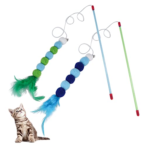 Andiker Katzenfeder-Spielzeug, 2 Stück Katzen-Zauberstab mit Glocke und Plüschbällen, buntes interaktives Kätzchen-Teaser-Spielzeug für Katzen, zum Spielen, Trainieren (blau + grün) von Andiker