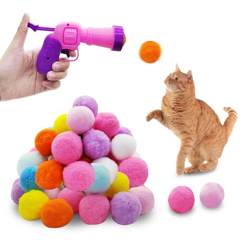 Andiker Katzenspielzeug-Bälle-Set, 30-teiliges Plüsch-Katzen-Pom-Bälle und ein Kunststoffwerfer-Set zum Fangen und Apportieren, interaktives Katzenspielzeug mit bunten und weichen Katzenbällen für von Andiker