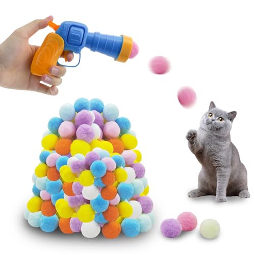Andiker Katzenspielzeug-Bälle-Set, 30-teiliges Plüsch-Katzen-Pom-Bälle und ein Kunststoffwerfer-Set zum Fangen und Apportieren von Katzen, interaktives Katzenspielzeug mit bunten und weichen von Andiker